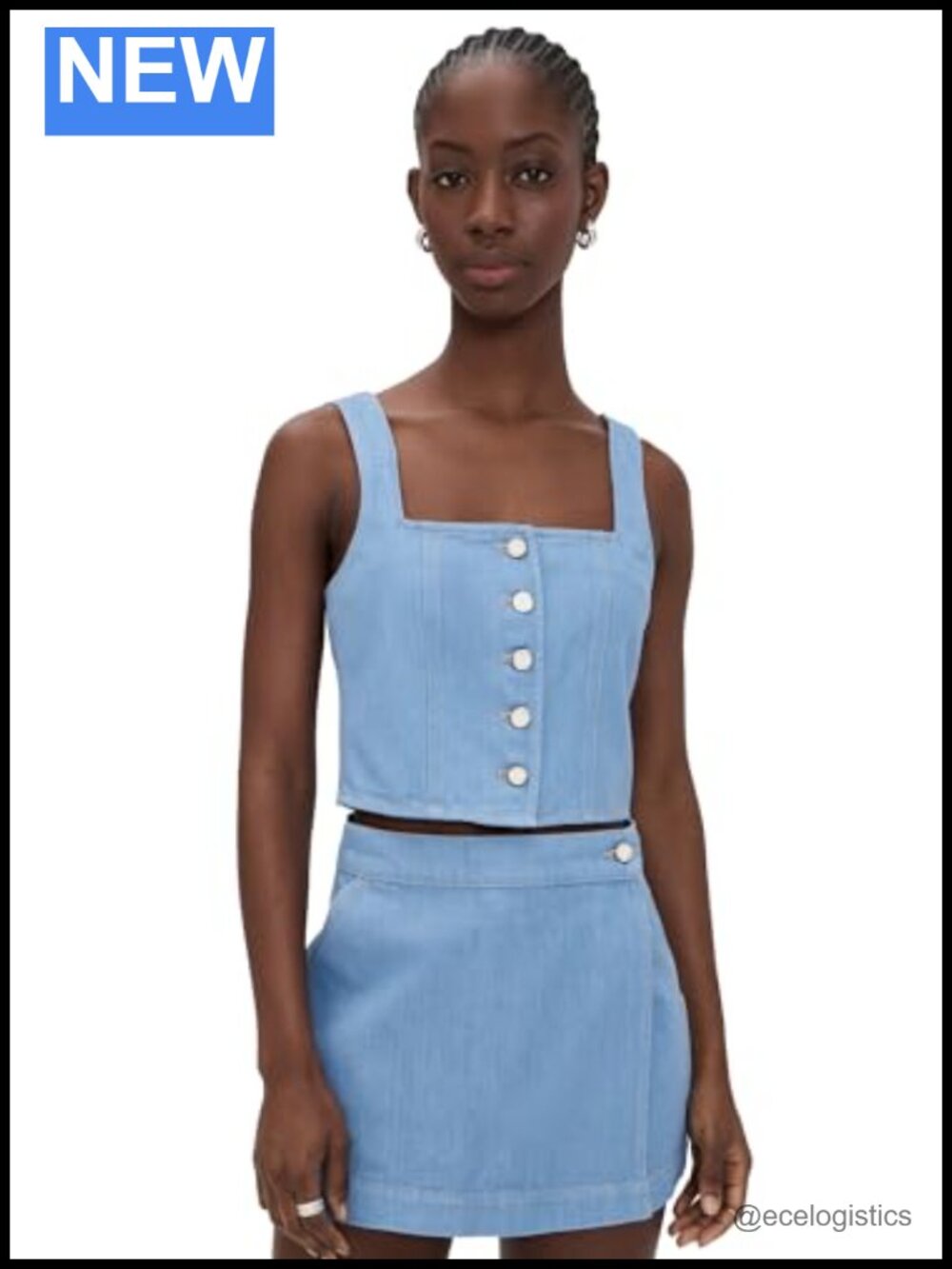 Denim Button Placket Vest Sleeveless Square Neck